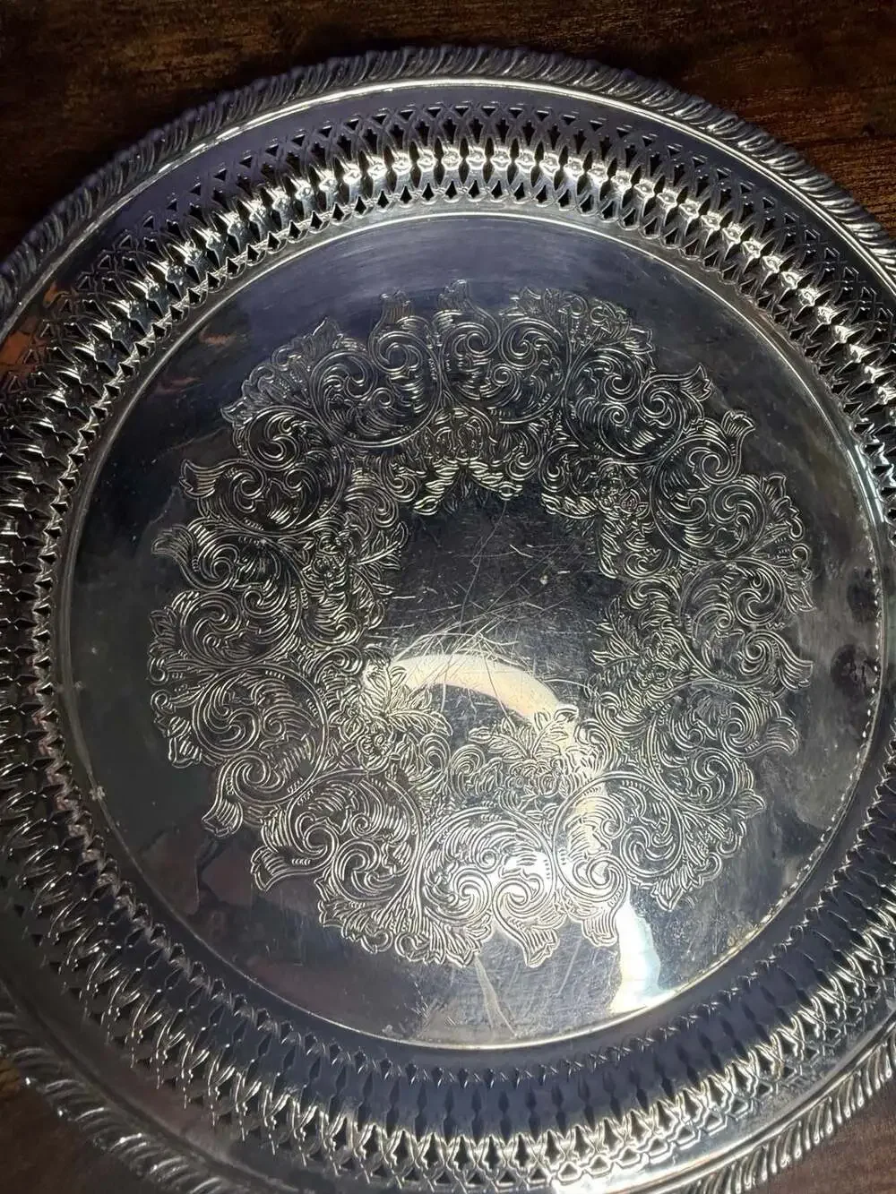 Oneida Silver Plated Round Pierced Scroll Serving Tray Platter